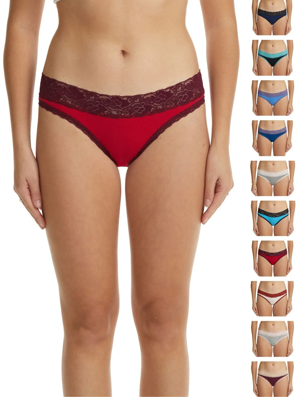 Assorted Colors Cotton Bikini Panties with Lace Waistband 10-pack