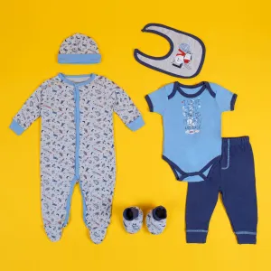 Baby Moo Chandrayaan Gift Set 6 Piece With Bodysuits, Pyjama, Cap, Bib And Socks - Blue