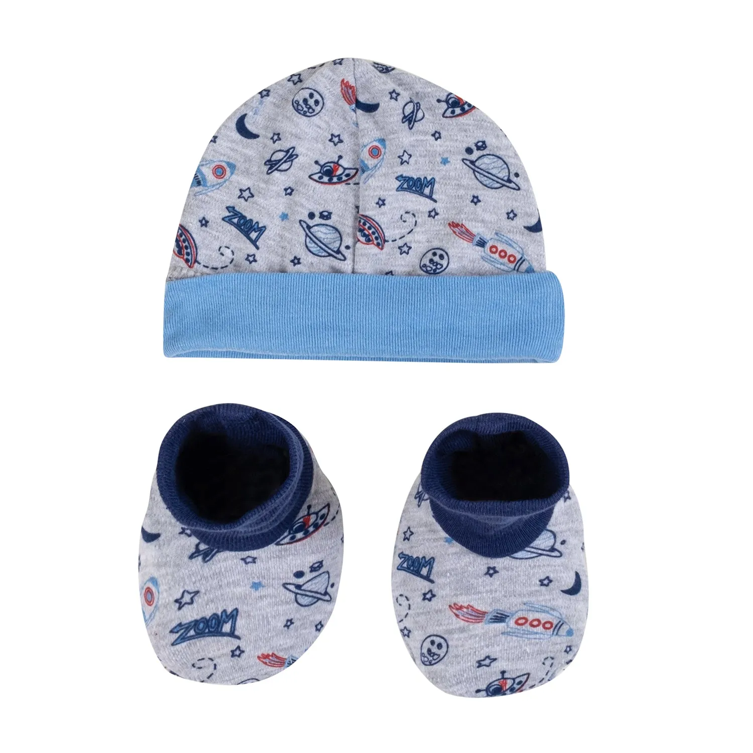 Baby Moo Chandrayaan Gift Set 6 Piece With Bodysuits, Pyjama, Cap, Bib And Socks - Blue