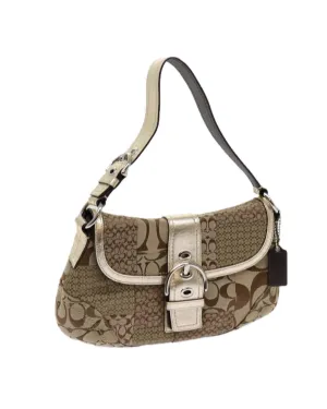 Beige Canvas Shoulder Bag with Leather Accents and Charm