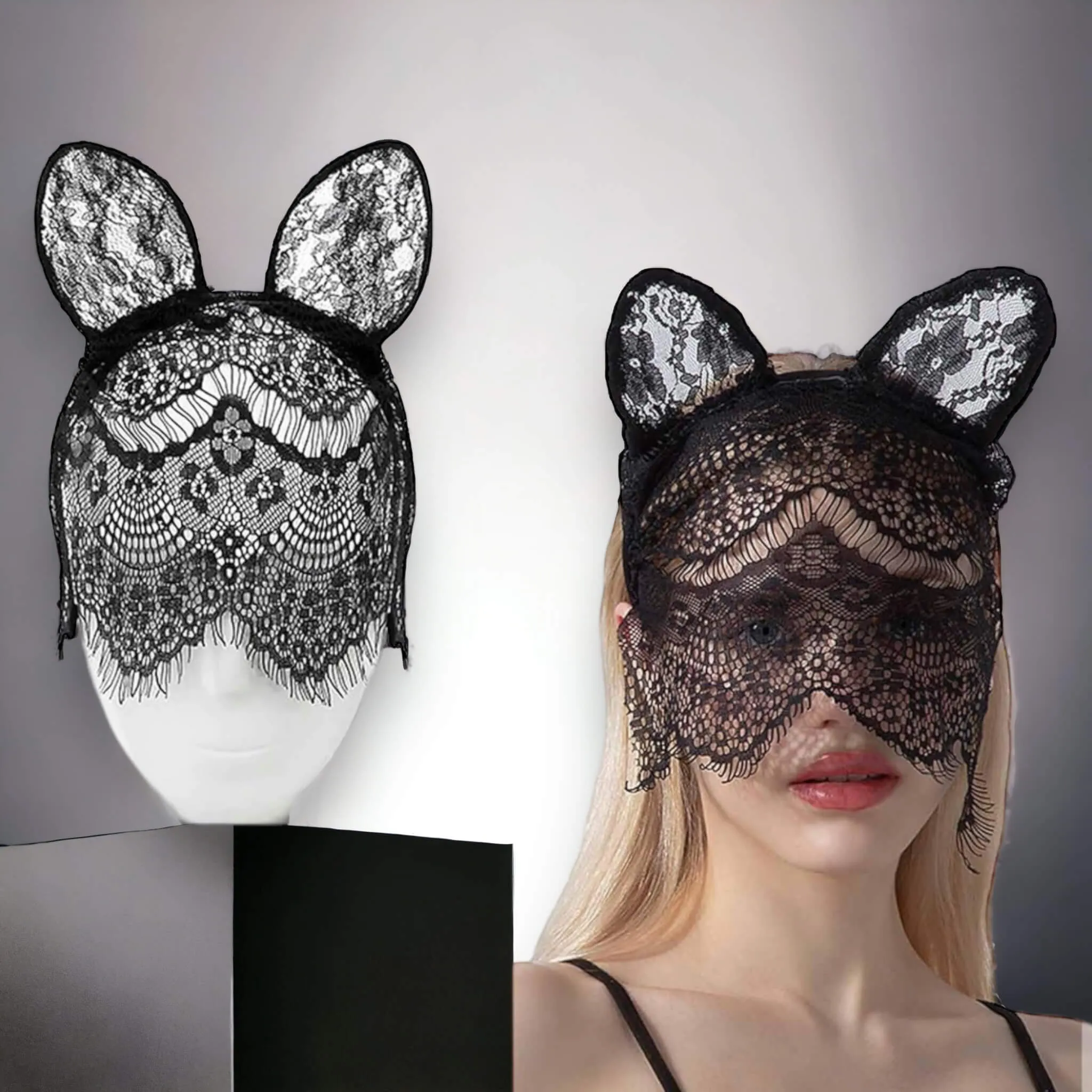 Black Lace Cat Ears Headband Veil