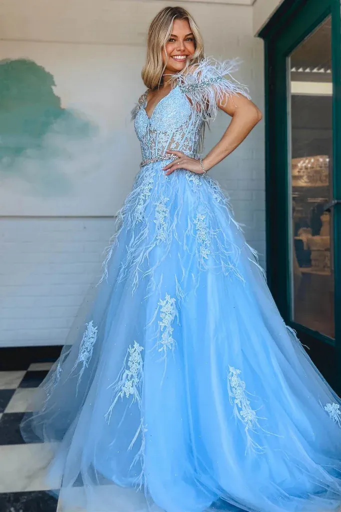 Charming Off The Shoulder Blue Lace Appliques Long Prom Dress