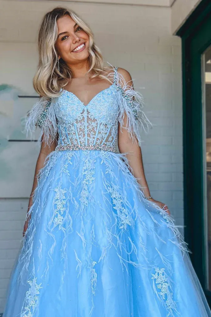 Charming Off The Shoulder Blue Lace Appliques Long Prom Dress