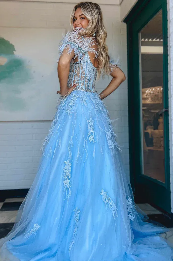 Charming Off The Shoulder Blue Lace Appliques Long Prom Dress