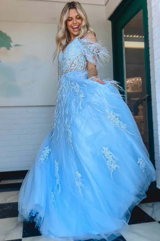 Charming Off The Shoulder Blue Lace Appliques Long Prom Dress