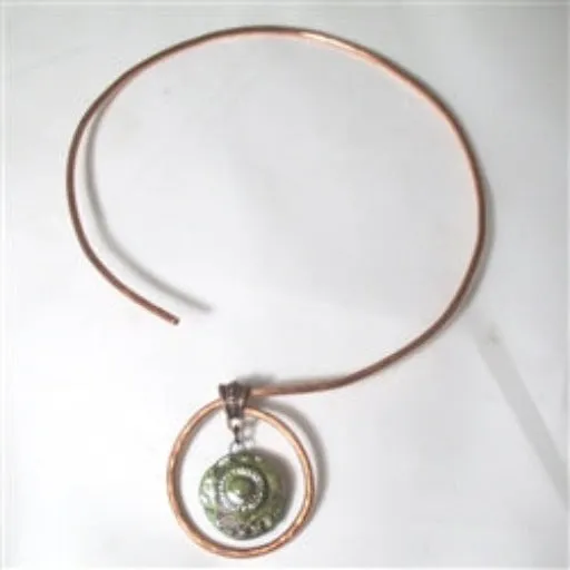 Copper Neck Wire Necklace with Green Raku GLazed Pendant