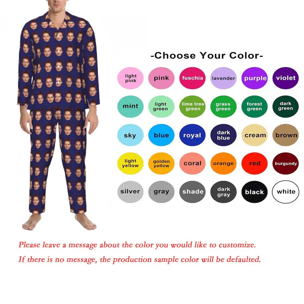 Custom Face Square Queue Solid Color Long Sleeve Cardigan Pajama Set