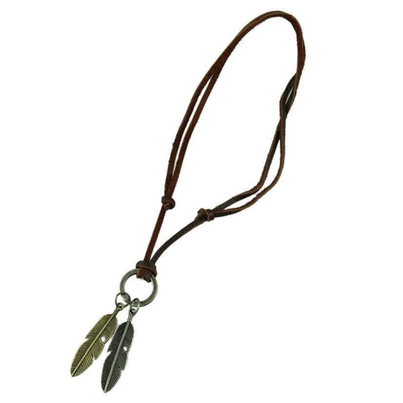 Delicate Jewelry Necklace Cow Leather Men Necklace Punk Retro Two Colors Leaf Pendants Necklace Chain