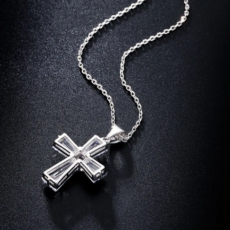 Elegant Cubic Zircon Cross Necklaces Pendants White Gold Plated Cross Christian Jesus Jewelry For Women Accessories