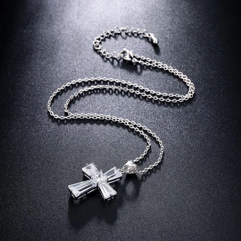 Elegant Cubic Zircon Cross Necklaces Pendants White Gold Plated Cross Christian Jesus Jewelry For Women Accessories