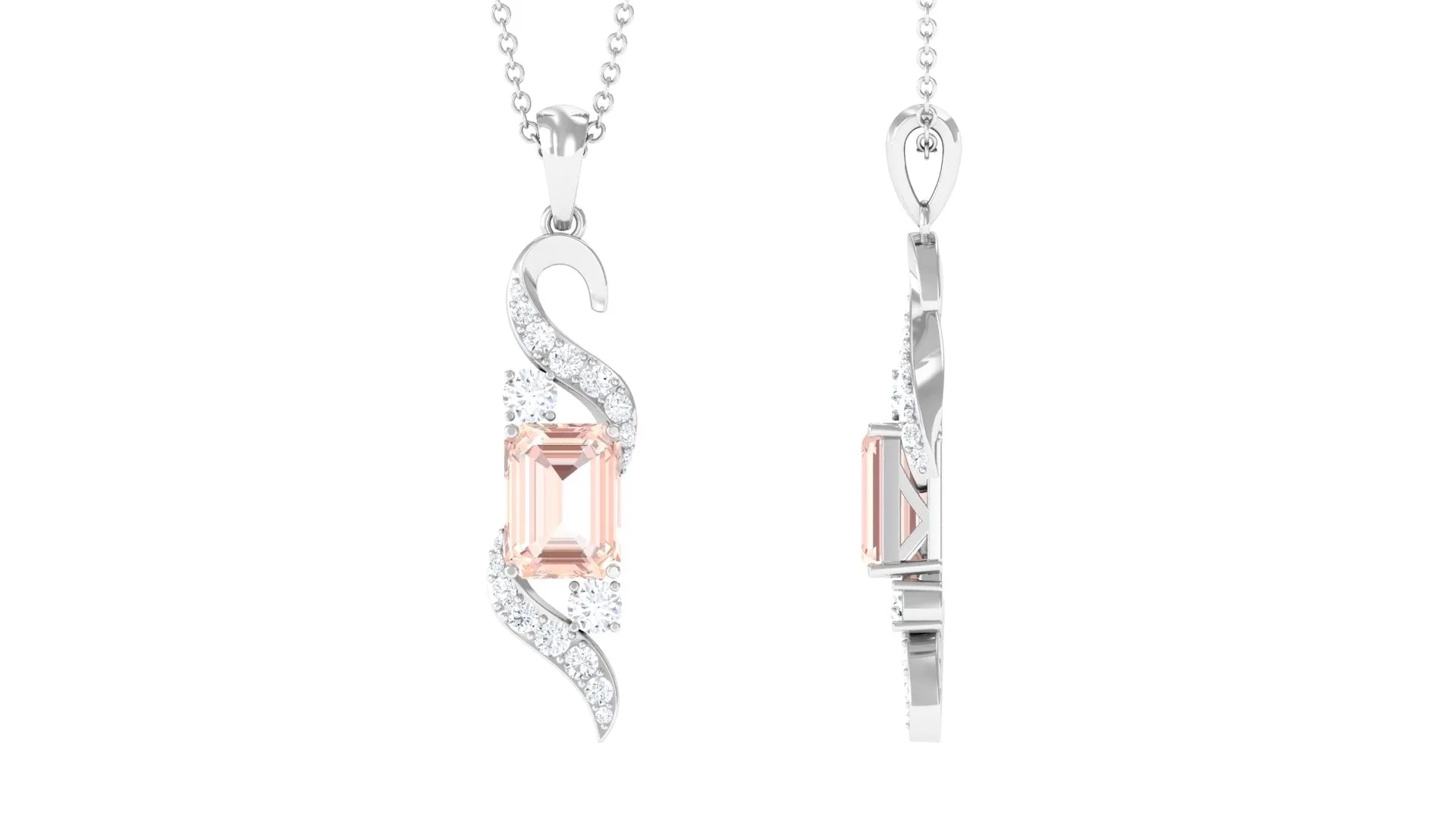 Emerald Cut Morganite and Diamond Drop Pendant Necklace