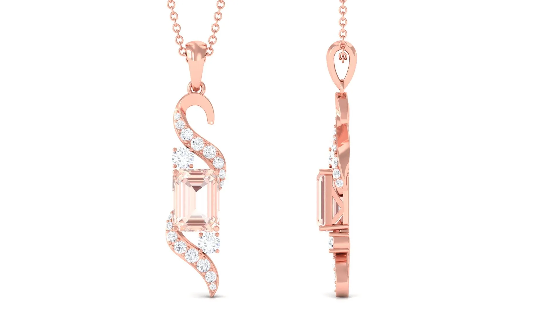 Emerald Cut Morganite and Diamond Drop Pendant Necklace