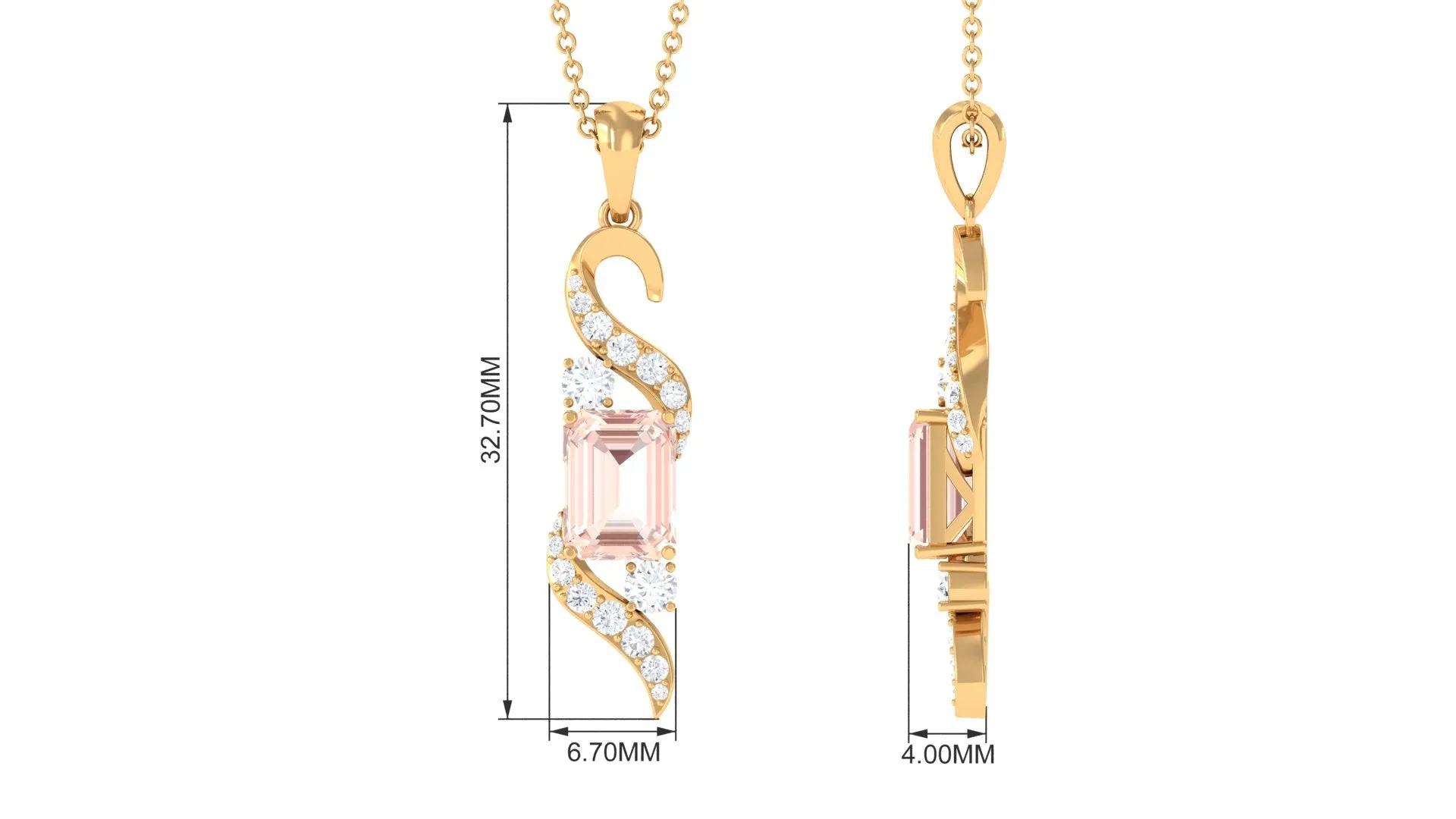 Emerald Cut Morganite and Diamond Drop Pendant Necklace