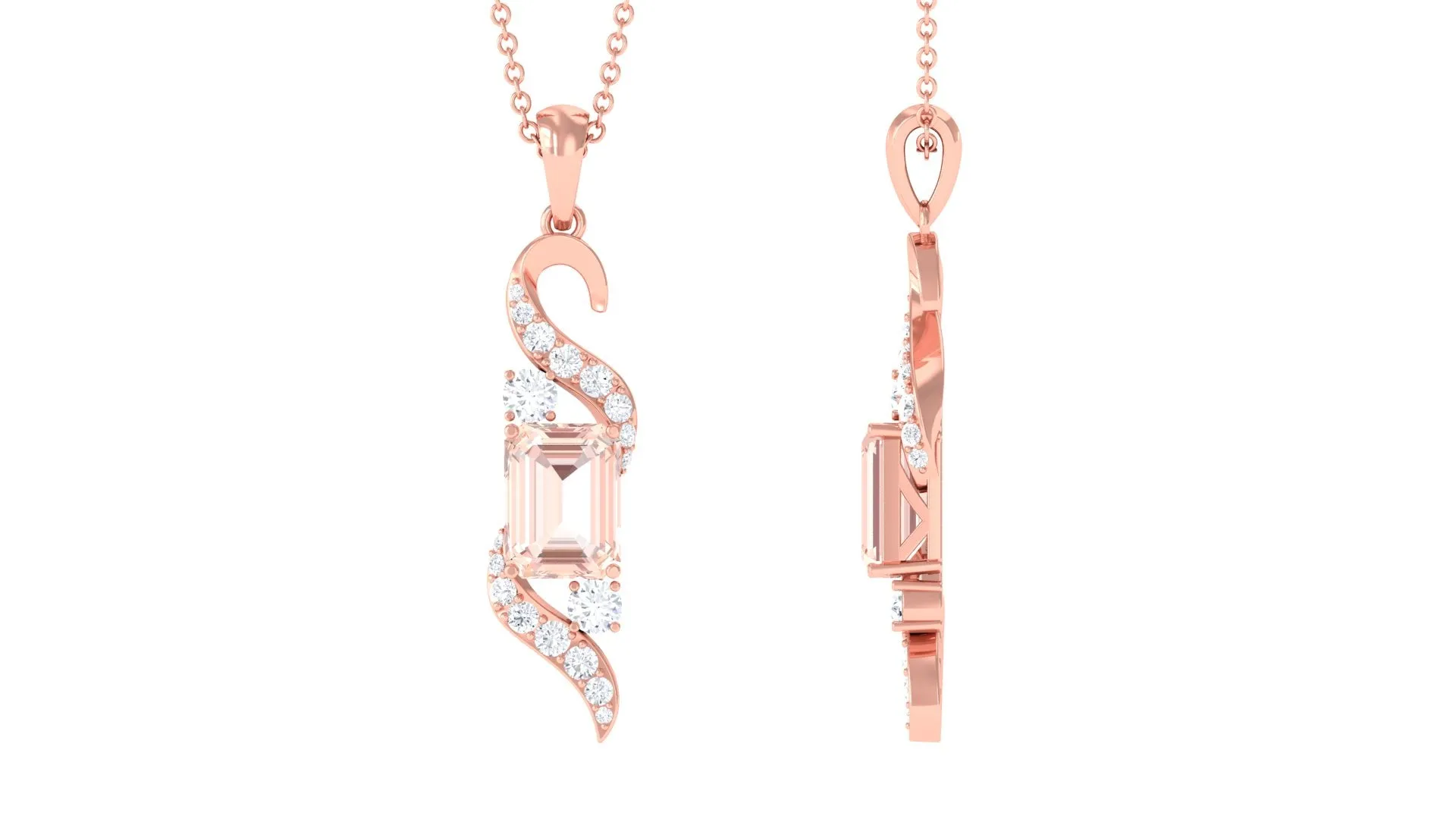 Emerald Cut Morganite and Diamond Drop Pendant Necklace