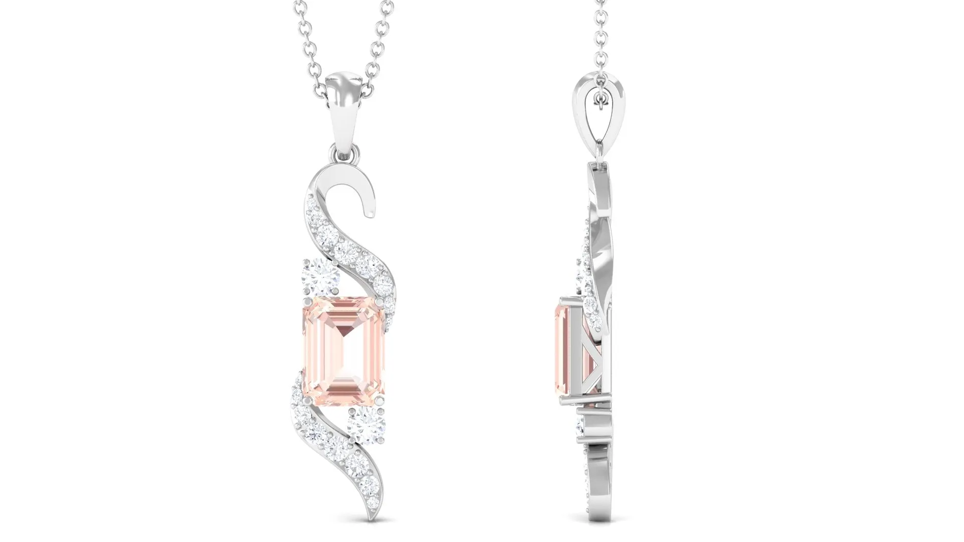 Emerald Cut Morganite and Diamond Drop Pendant Necklace