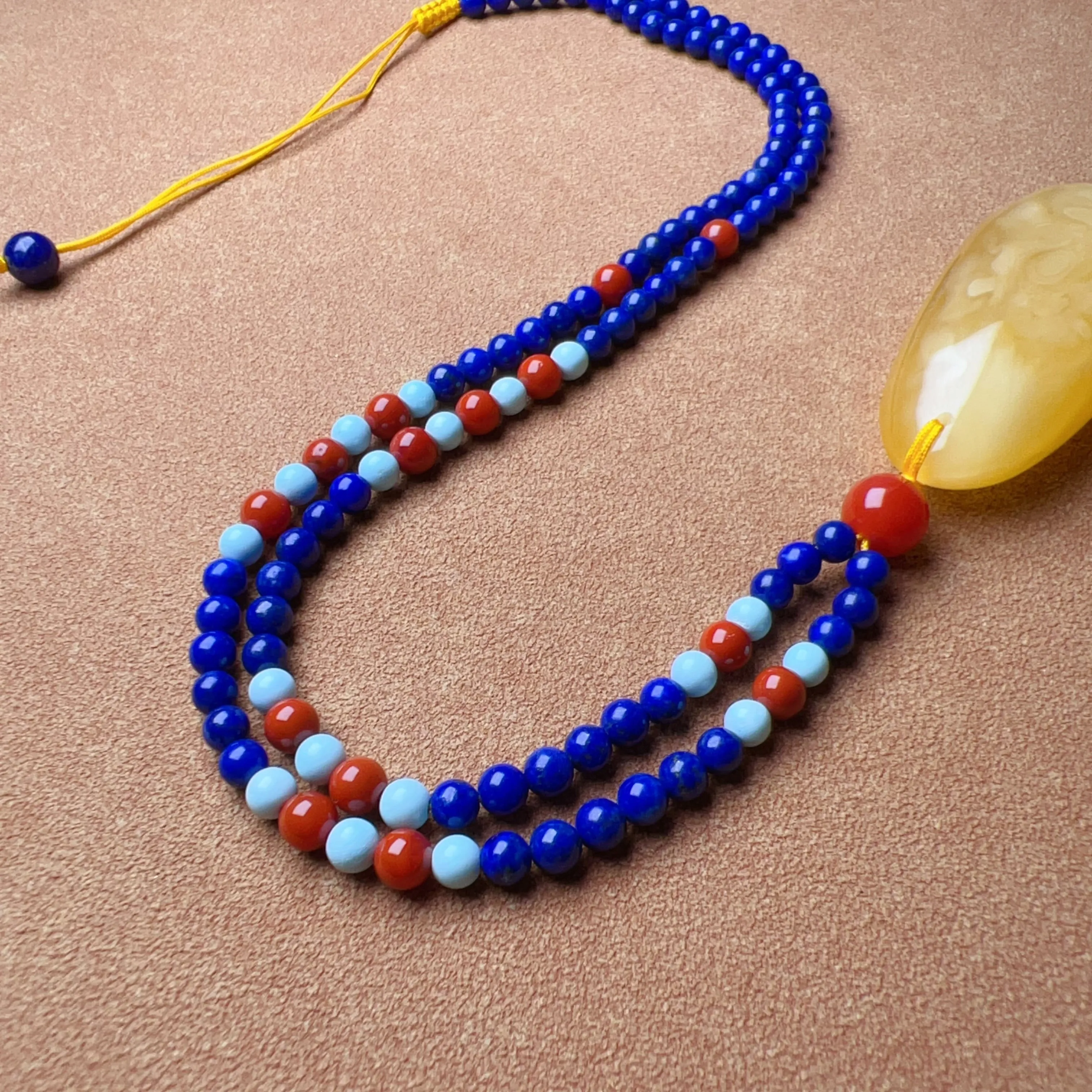 Genuine High-grade Amber Pendant Necklace Beaded with Agate Turquoise Lapis | One of A Kind Handmade Jewelry Adjustable Style