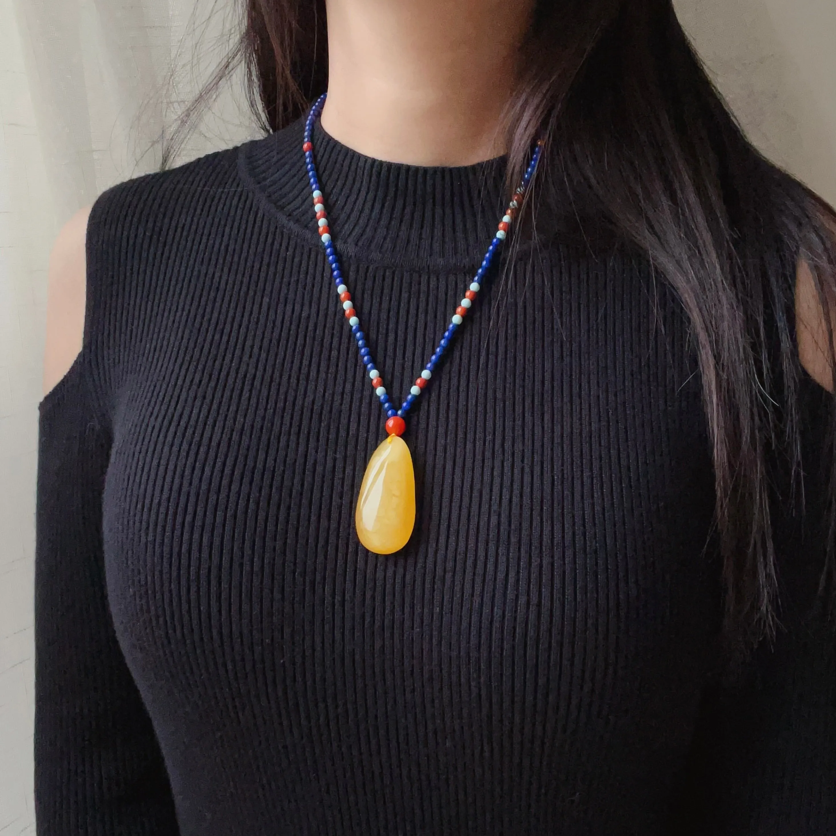 Genuine High-grade Amber Pendant Necklace Beaded with Agate Turquoise Lapis | One of A Kind Handmade Jewelry Adjustable Style