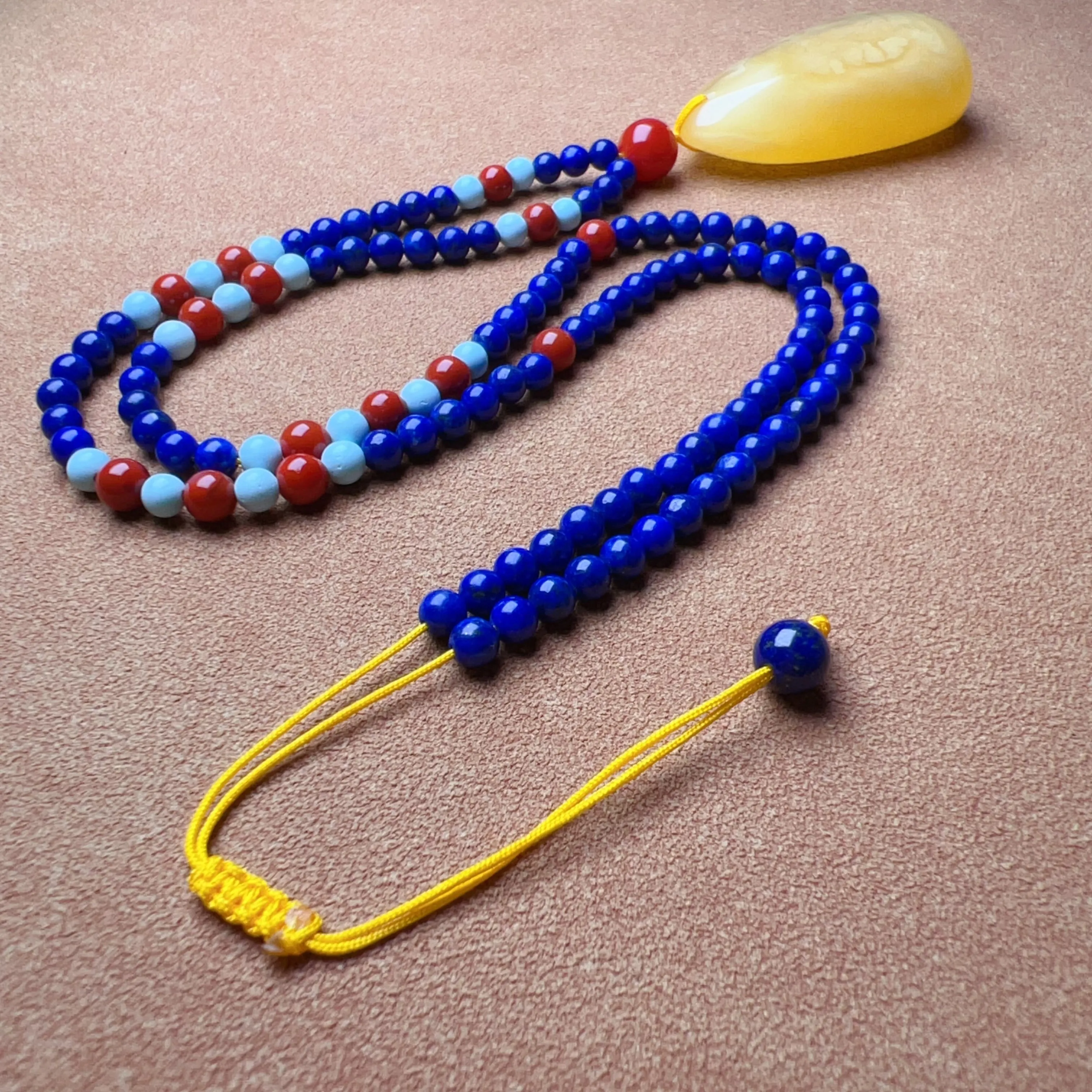 Genuine High-grade Amber Pendant Necklace Beaded with Agate Turquoise Lapis | One of A Kind Handmade Jewelry Adjustable Style