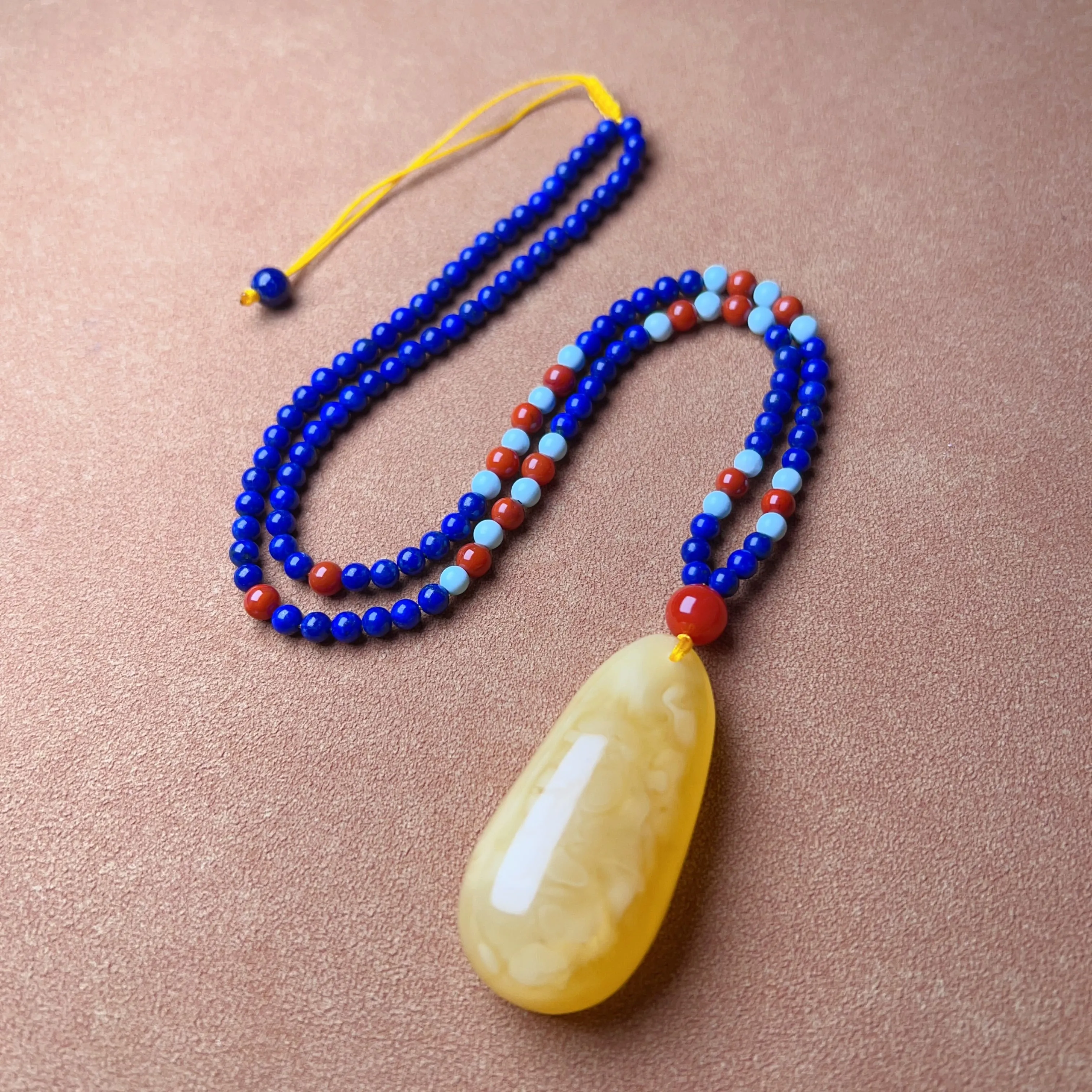 Genuine High-grade Amber Pendant Necklace Beaded with Agate Turquoise Lapis | One of A Kind Handmade Jewelry Adjustable Style