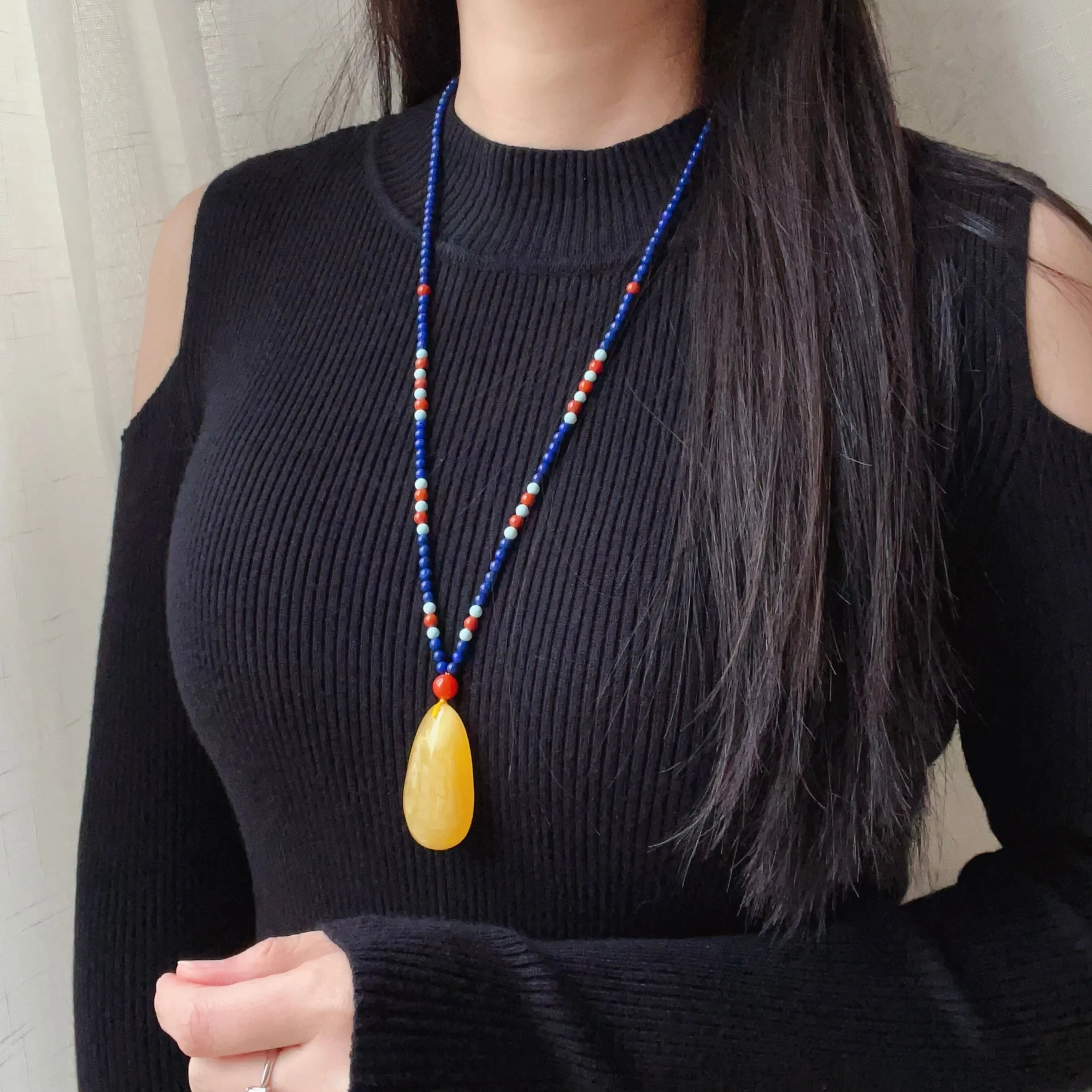 Genuine High-grade Amber Pendant Necklace Beaded with Agate Turquoise Lapis | One of A Kind Handmade Jewelry Adjustable Style