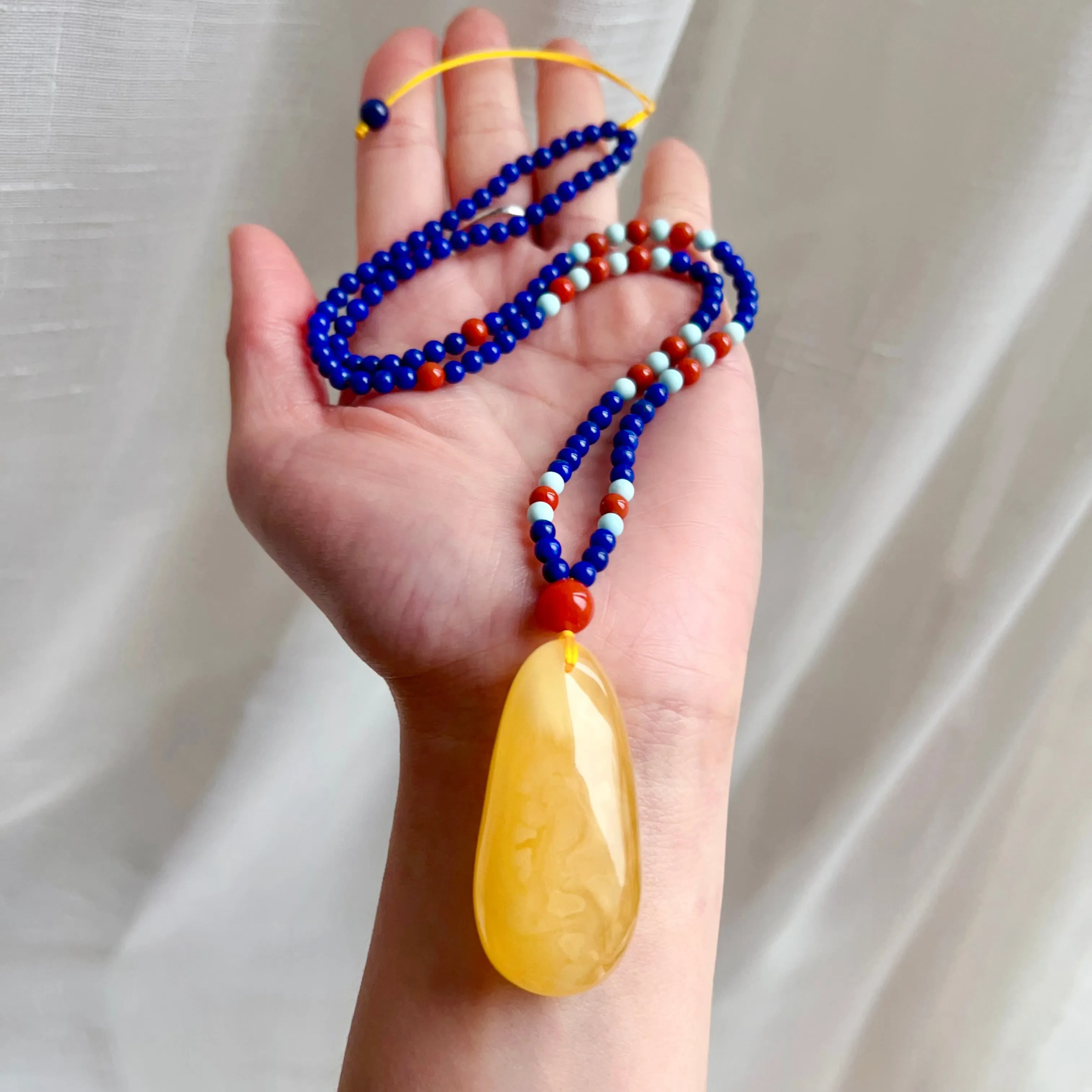 Genuine High-grade Amber Pendant Necklace Beaded with Agate Turquoise Lapis | One of A Kind Handmade Jewelry Adjustable Style