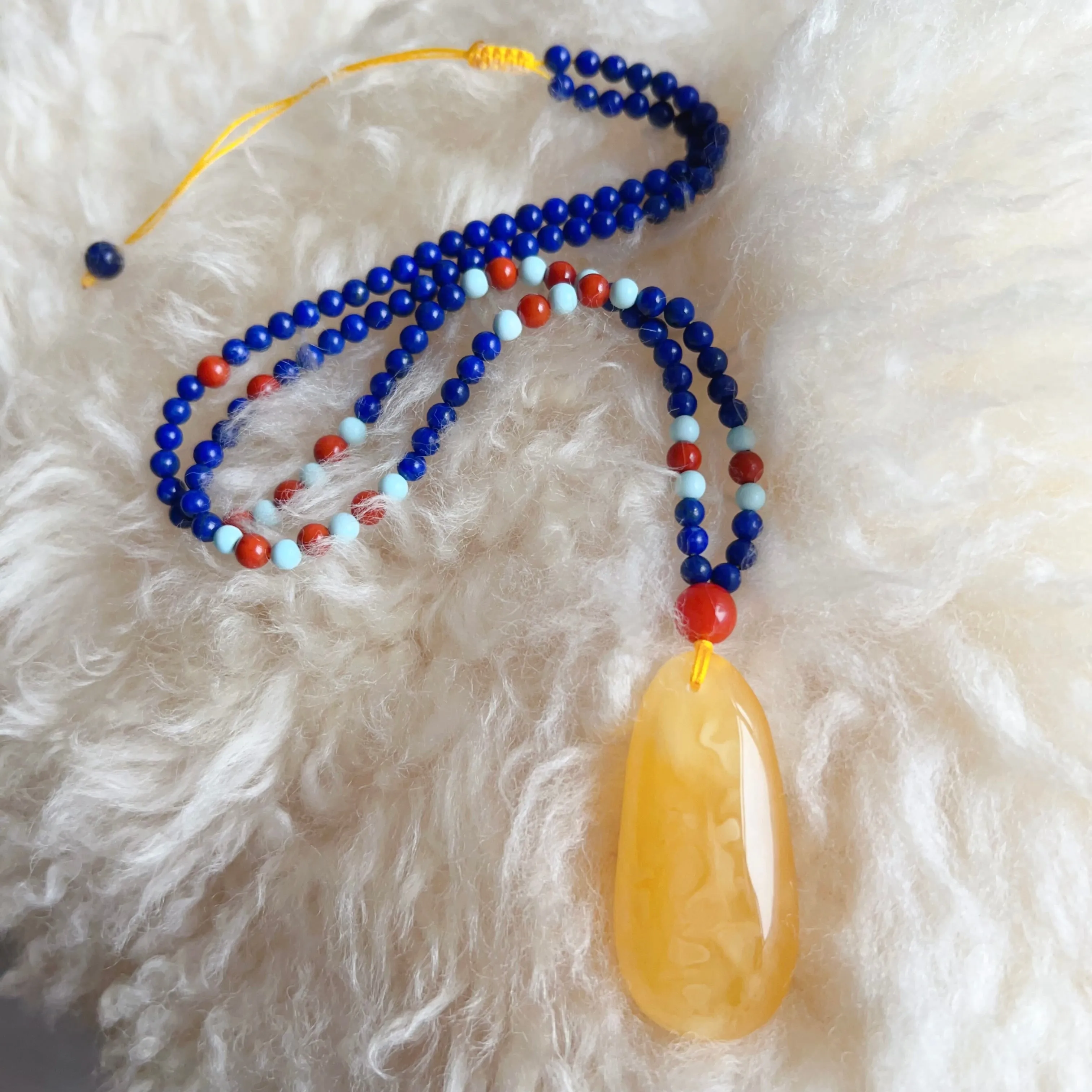 Genuine High-grade Amber Pendant Necklace Beaded with Agate Turquoise Lapis | One of A Kind Handmade Jewelry Adjustable Style