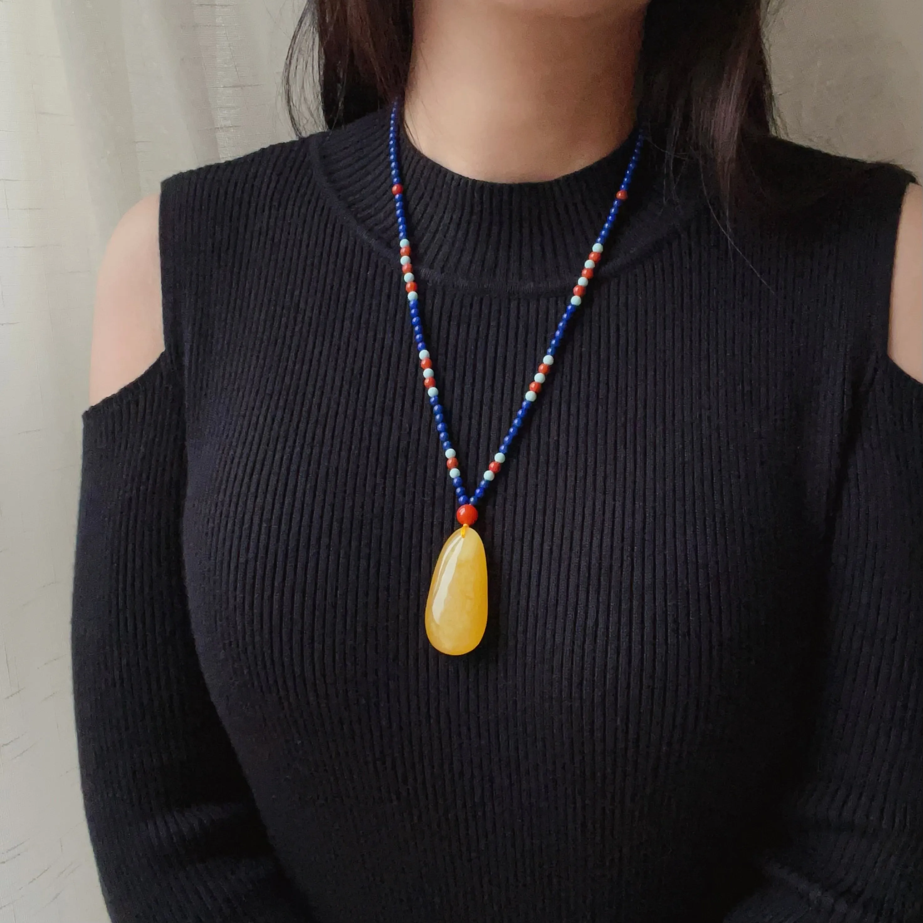 Genuine High-grade Amber Pendant Necklace Beaded with Agate Turquoise Lapis | One of A Kind Handmade Jewelry Adjustable Style