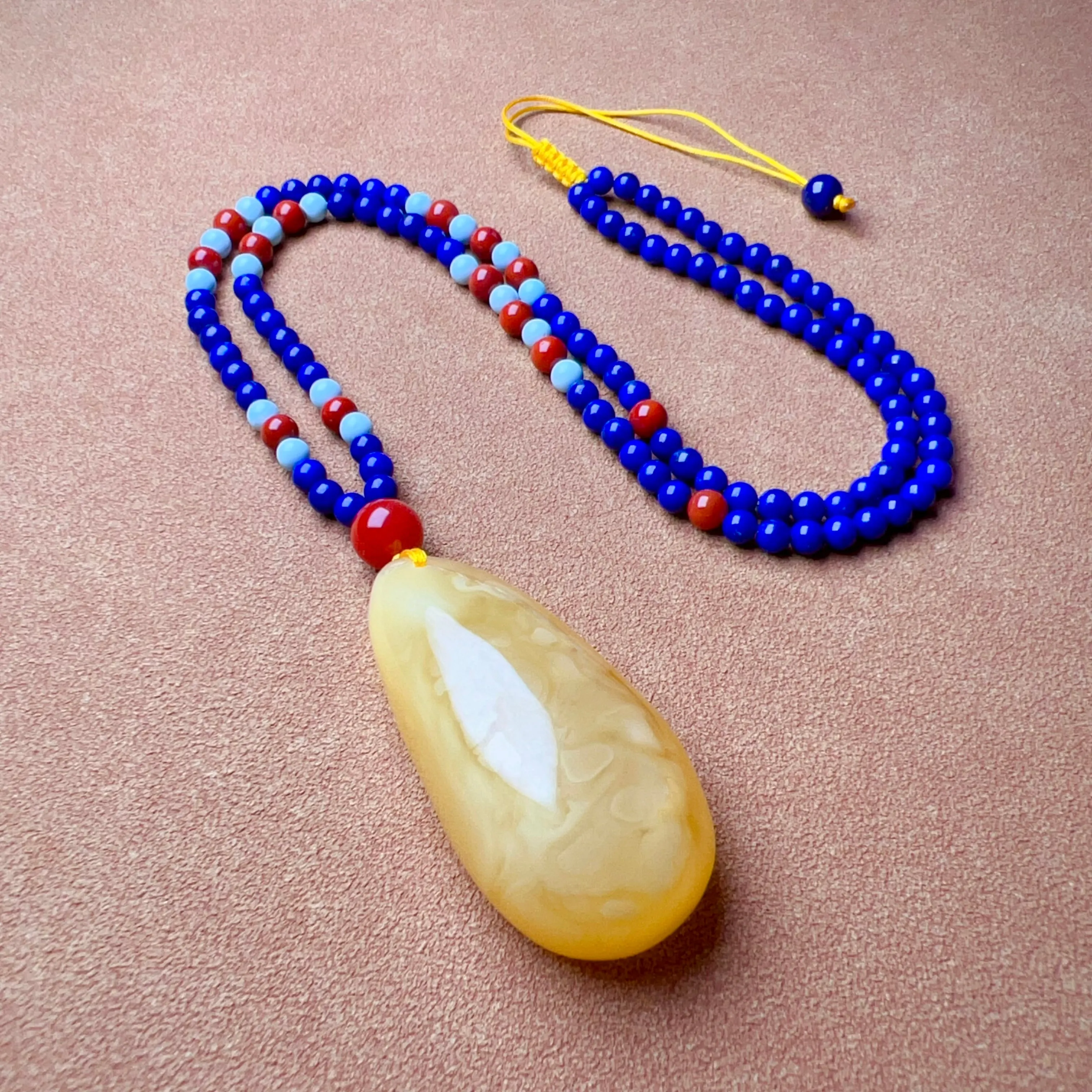 Genuine High-grade Amber Pendant Necklace Beaded with Agate Turquoise Lapis | One of A Kind Handmade Jewelry Adjustable Style