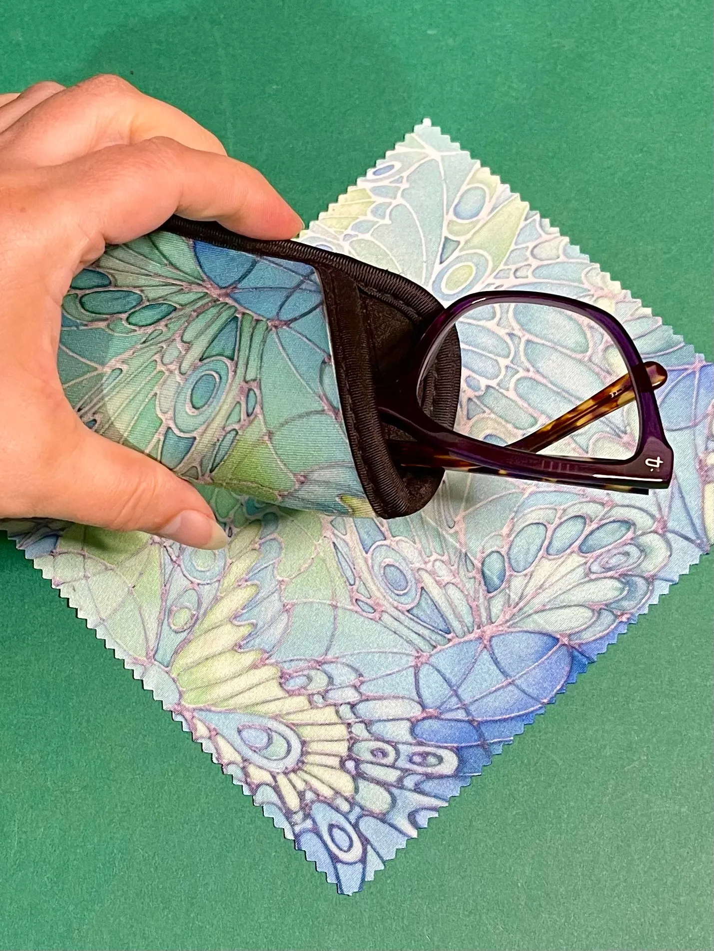 Green Butterflies  Glasses Cover & Cleaning Cloth - slip-on padded washable cover and microfibre cloth for glasses.