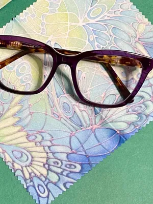 Green Butterflies  Glasses Cover & Cleaning Cloth - slip-on padded washable cover and microfibre cloth for glasses.