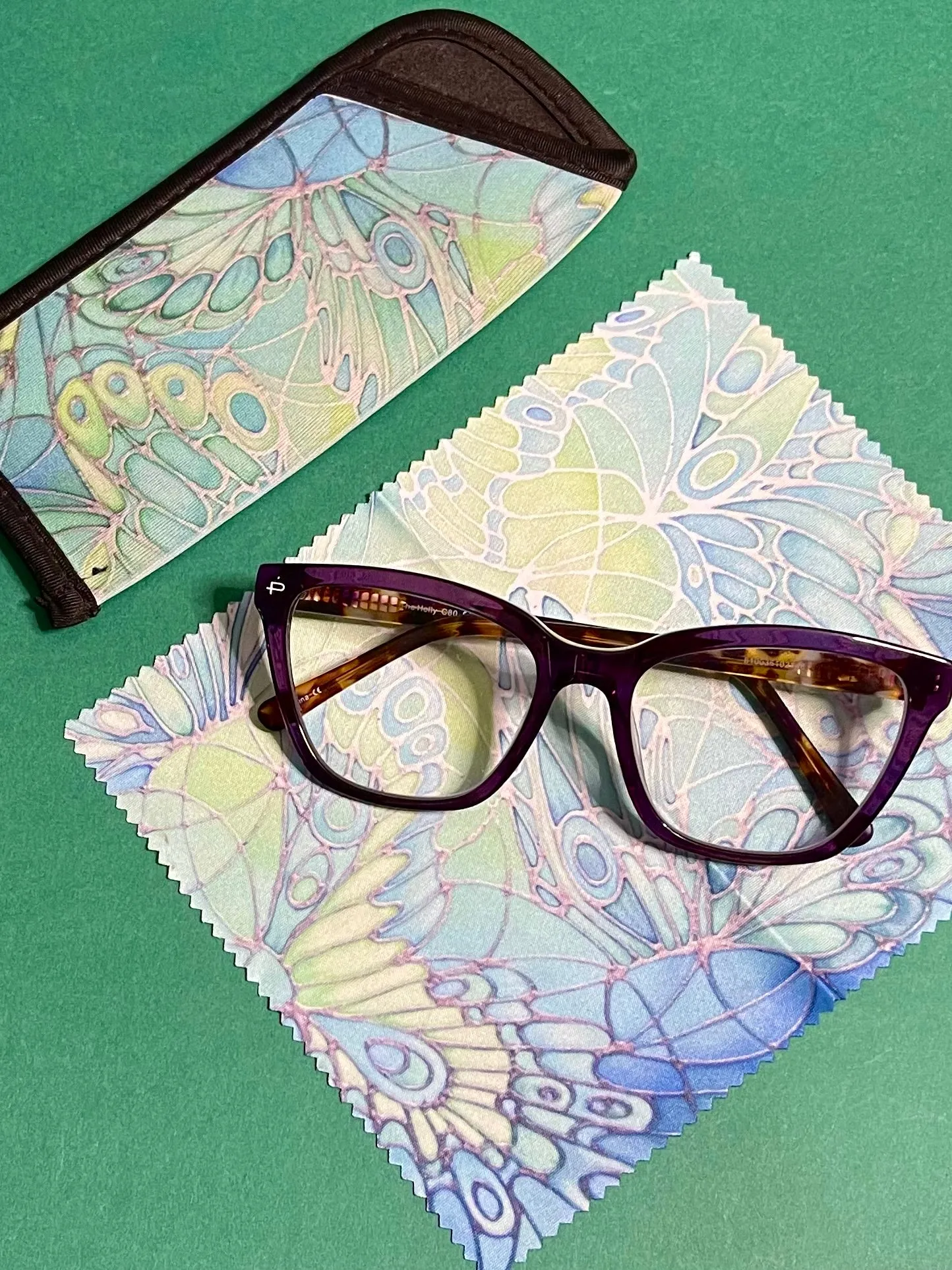 Green Butterflies  Glasses Cover & Cleaning Cloth - slip-on padded washable cover and microfibre cloth for glasses.