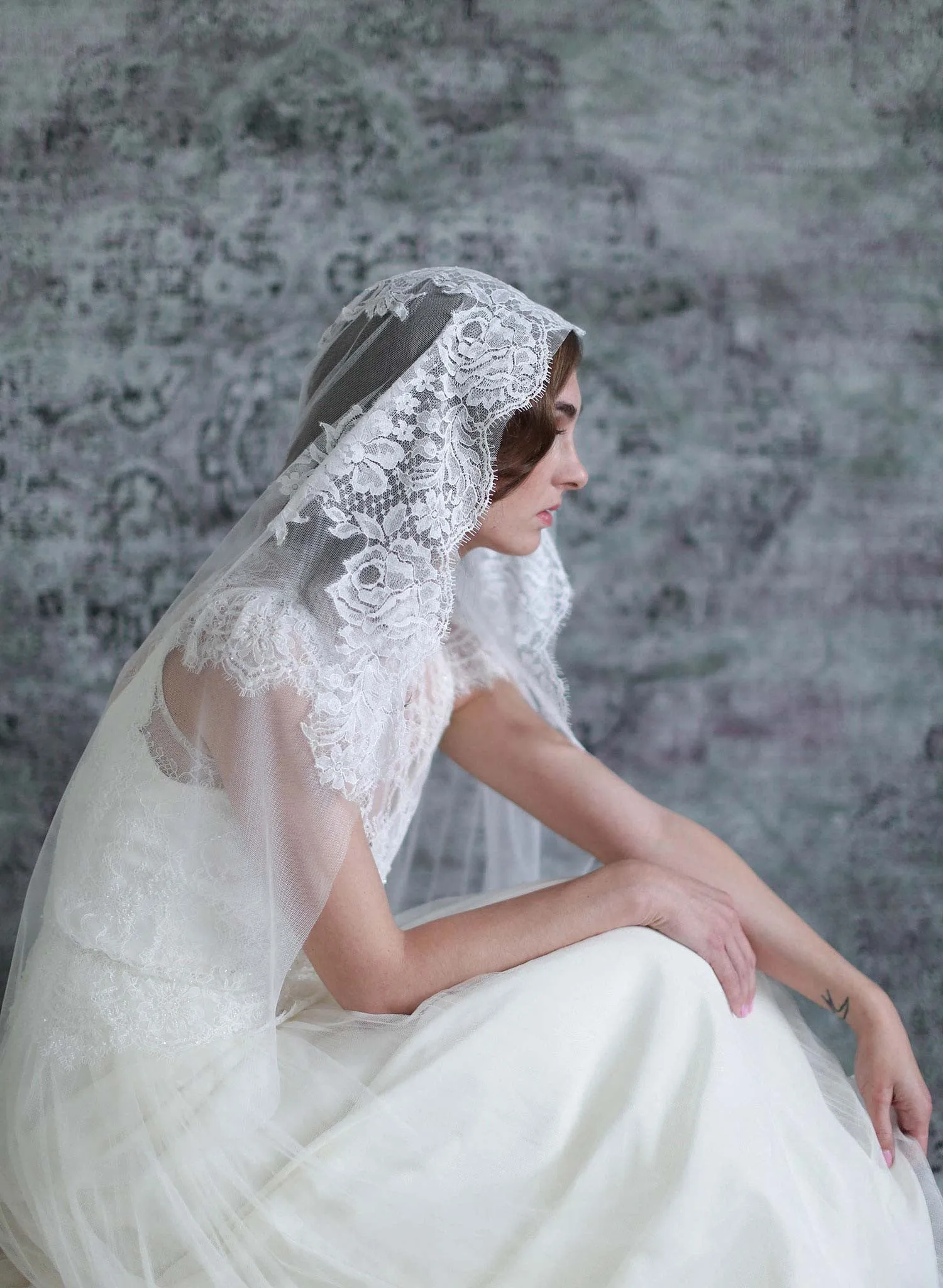 Mantilla lace trimmed veil with headband - Style #709