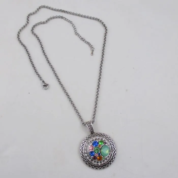 Multi-colored Multi-stone Crystal  & Silver Pendant Necklace