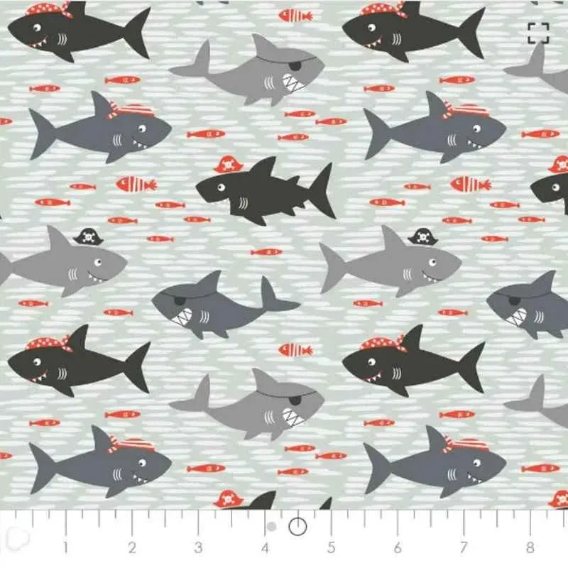 Pirate Shark FLANNEL on Grey, Jawsome