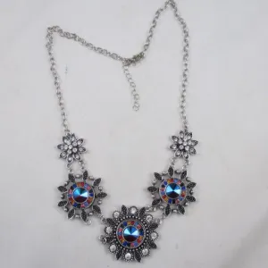 Red & Blue Crystal Flower Multi Charm Necklace