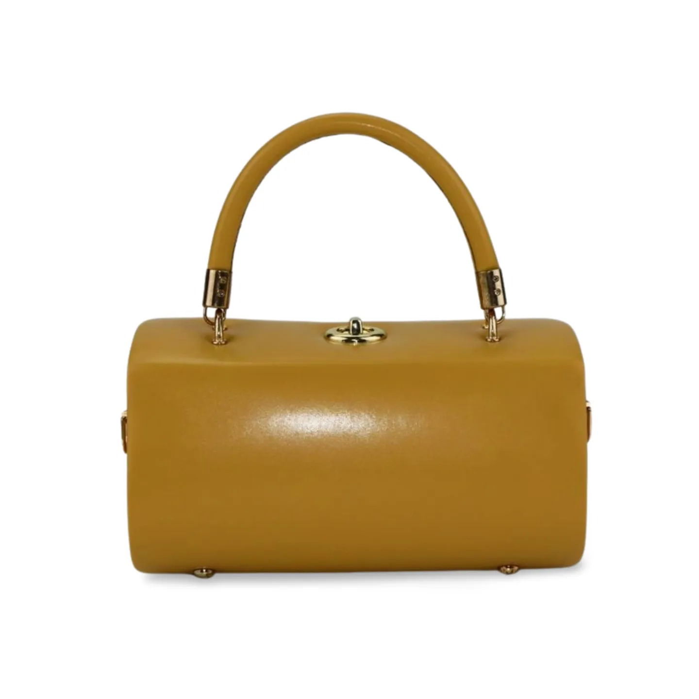 Unique Cylindrical top Handle Handbag with Gold Accents and Detachable Strap