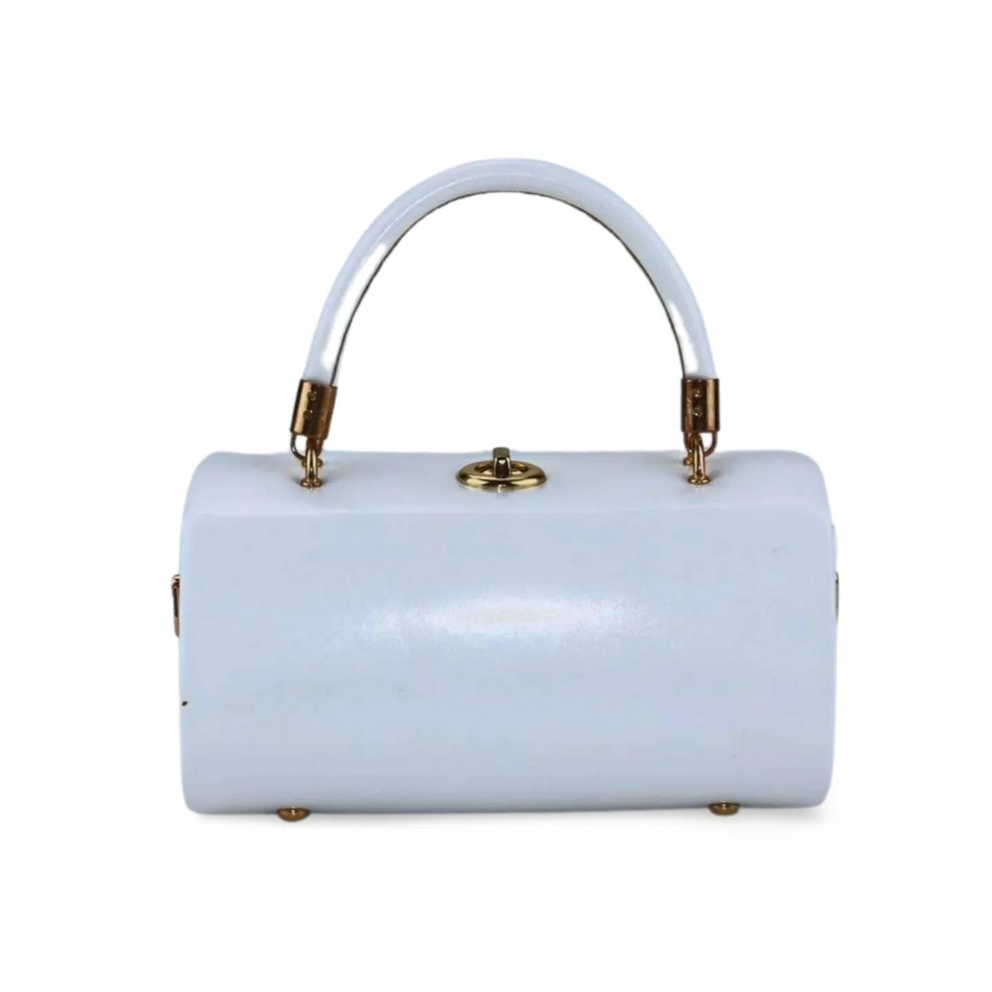 Unique Cylindrical top Handle Handbag with Gold Accents and Detachable Strap