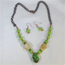 Unique Handmade Green Turquoise Necklace  & Earrings Set